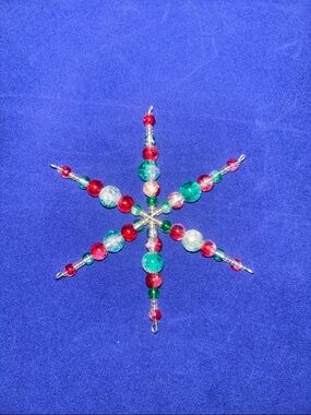 Beaded Snowflake Ornament - Red & Green Holiday Decor